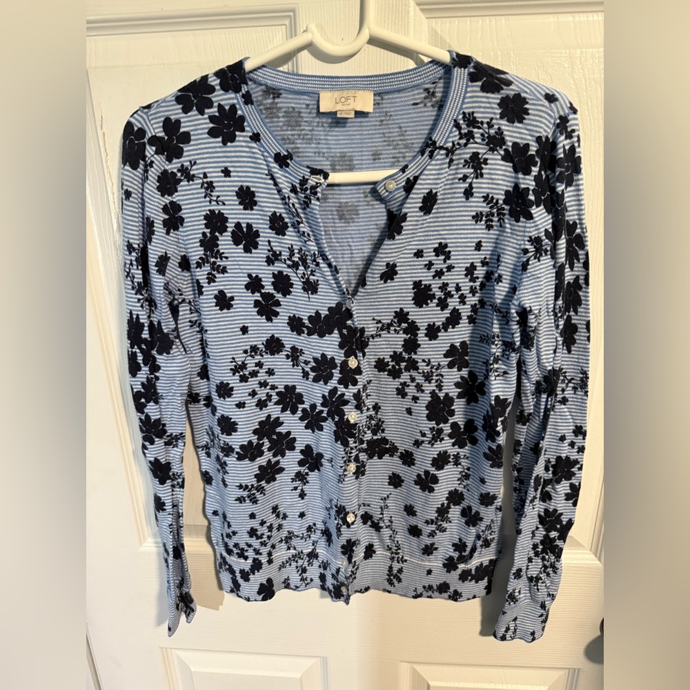 LOFT Blue and White Striped Cardigan with Navy Floral Print Size S